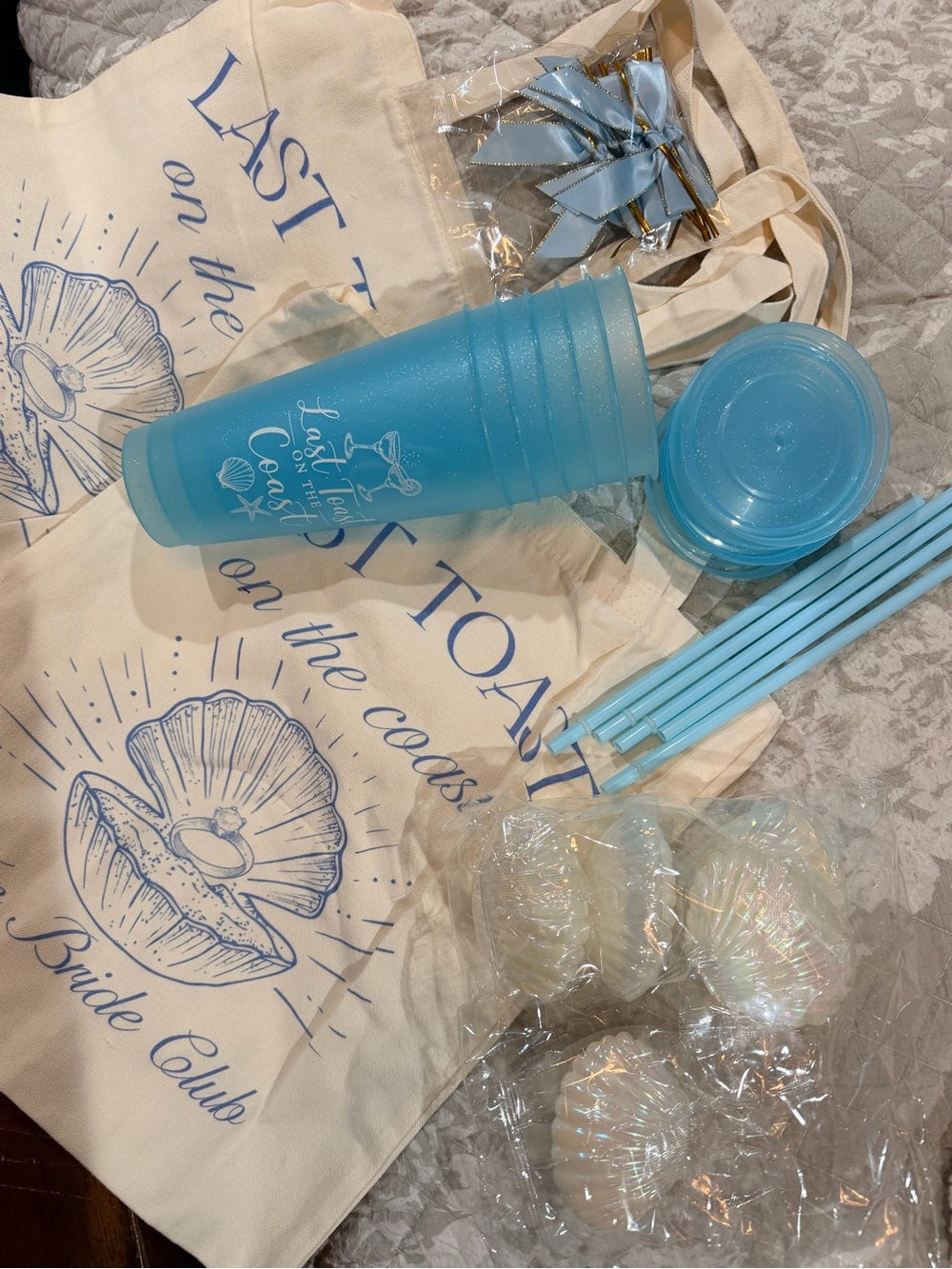 BACHELORETTE Coastal Light Blue Party Cup Set with Straws, seashells and Totes